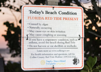A sign warns of red tide off the coast near Naples. (iStockphoto image)