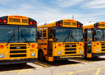 School buses in a parking lot. (iStockphoto image)