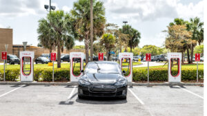 A Tesla at a super-charging station at a shopping mall in Homestead. (iStockphoto image)