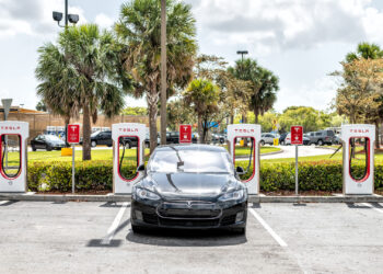 A Tesla at a super-charging station at a shopping mall in Homestead. (iStockphoto image)
