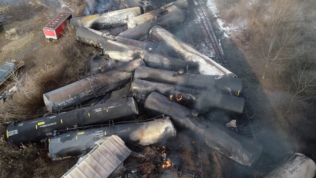 Drone footage shows the freight train derailment in East Palestine, Ohio, on Feb. 6. (National Transportation Safety Board, via Wikimedia Commons)
