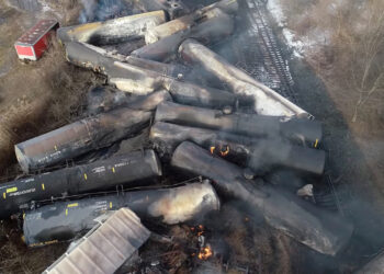 Drone footage shows the freight train derailment in East Palestine, Ohio, on Feb. 6. (National Transportation Safety Board, via Wikimedia Commons)
