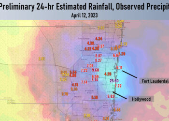 The National Weather Service’s preliminary 24-hour estimated rainfall for the 2023 Fort Lauderdale floods. (Weather Prediction Center, via Wikimedia Commons)