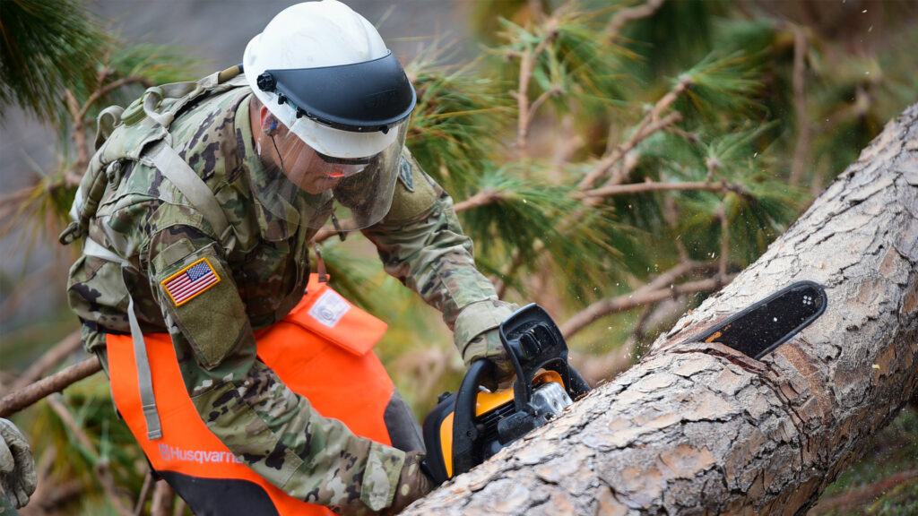 A member of a U.S. Army engineer battalion works at Tyndall Air Force Base as part of recovery efforts following Hurricane Michael. (U.S. Army, via Wikimedia Commons)