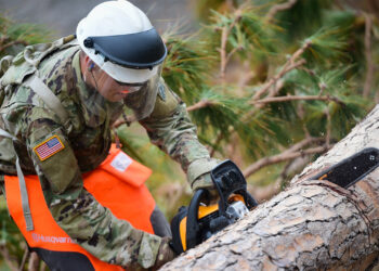 A member of a U.S. Army engineer battalion works at Tyndall Air Force Base as part of recovery efforts following Hurricane Michael. (U.S. Army, via Wikimedia Commons)