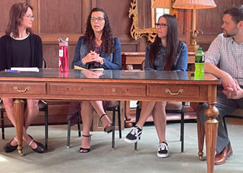 Melissa Aronczyk of Rutgers University; and Marcia DiStaso, Juliana Fernandes and Andrew Selepak, of the University of Florida; participate in a panel discussion April 5 at the 8th Annual UF Climate Communications Summit.