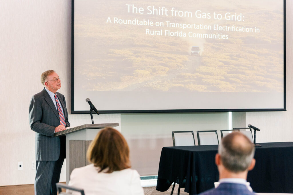 Vice Admiral Lee Gunn, USN (Ret.) speaks in Tallahassee on Feb. 28 at an event sponsored by the Electrification Coalition. (Submitted image)