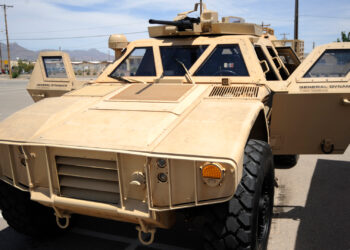 General Dynamics Land Systems' Advanced Ground Mobility Vehicle is hybrid-electric capable with in-hub electric drive. (Stephen Baack, Public domain, via Wikimedia Commons)