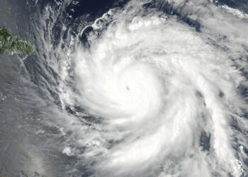 Hurricane Maria over the Leeward Islands near peak intensity and approaching Puerto Rico as a Category 5 hurricane on Sept. 19, 2017 (VIIRS image captured by NOAA’s Suomi NPP satellite, via Wikimedia Commons)