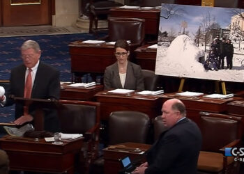Sen. James Inhofe brought a snowball to the Senate floor in February 2015 to argue that because it was cold enough to snow in Washington, D.C., climate change wasn’t real. (C-Span screenshot)