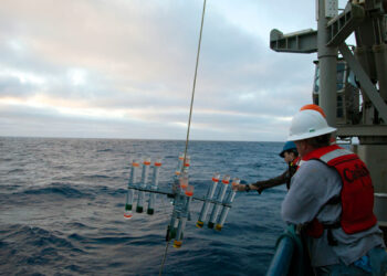 Researchers onboard the R/V Atlantis collect a sediment trap during a 2019 research cruise. Sediment traps collect particles falling toward the seafloor. Analyzing their contents helped Stukel and his research team to quantify carbon sequestration from various sources in the California Current Ecosystem. (Photo courtesy of Michael Stukel)