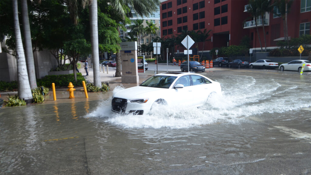 Sunny-day flooding in downtown Miami (B137, CC BY-SA 4.0, via Wikimedia Commons)
