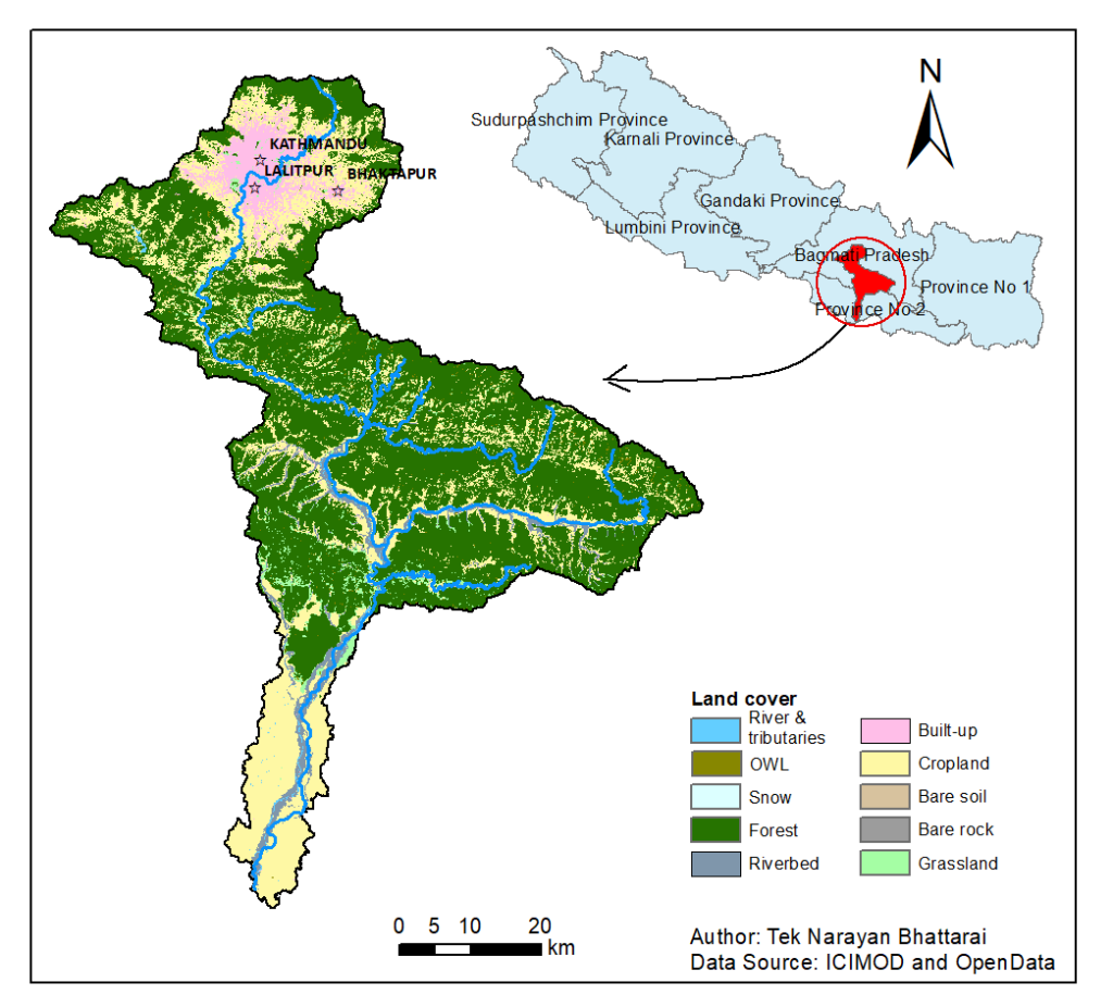 The Bagmati River basin and its land cover as of 2019 (Tek Narayan Bhattarai, Data Source: ICIMOD and OpenData)