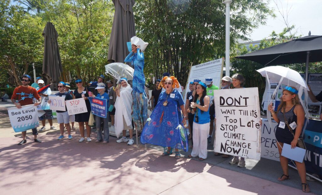 A protest of the Keystone XL pipeline with the theme of "Under the Sea" was held in 2013 in Miami Beach by 350 South Florida, a group focused on reducing the carbon emissions that cause climate change. (Photo by Giovanni Bonelli)