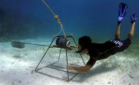 Mark Bond, lead author of the study, positions one of the baited cameras. (FIU photo)