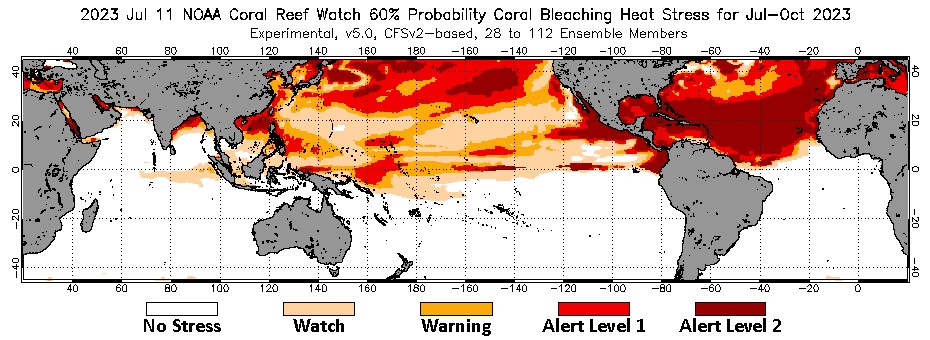NOAA Coral Reef Watch’s Four-Month Coral Bleaching Outlook of July 11, 2023, for the period July-October 2023. Bleaching-level heat stress is predicted to strengthen further and continue, during the next four months, in the Eastern Tropical Pacific (where coral bleaching has already been confirmed off the coasts of Mexico, El Salvador, Costa Rica, and Columbia); in the Caribbean (where bleaching has been confirmed already in Belize and off both sides of the Yucatan peninsula [Mexico]); and in multiple other coral reef regions.