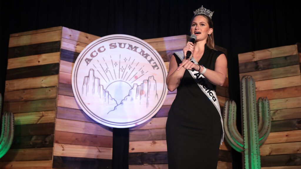 Miss America 2023 Grace Stanke speaks with attendees at the American Conservation Coalition's 2023 Summit in Salt Lake City, Utah. (Gage Skidmore, CC BY-SA 2.0, via Wikimedia Commons)