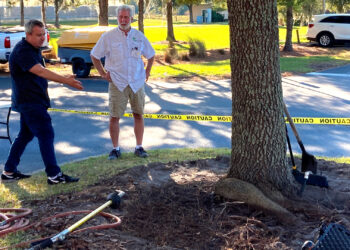 Dr. Andrew Koeser, UF/IFAS associate professor of environmental horticulture, demonstrates a tree root defect. (Photo courtesy of Deb Hilbert)