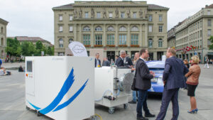 Climeworks equipment displayed in 2015 on the Bundesplatz government plaza in Bern, Switzerland. (TRx340, CC BY-SA 4.0, via Wikimedia Commons)