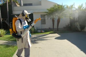 A municipal agent in Brazil fumigating a house in an effort to control mosquitoes that can spread dengue. (Prefeitura de Votuporanga, CC BY 2.0, via Wikimedia Commons)