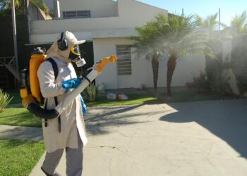 A municipal agent in Brazil fumigating a house in an effort to control mosquitoes that can spread dengue. (Prefeitura de Votuporanga, CC BY 2.0, via Wikimedia Commons)