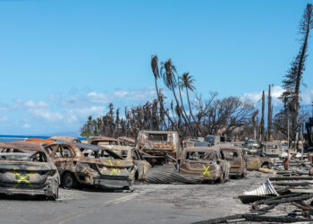 Damaged buildings and vehicles destroyed in the Lahaina wildfires in Maui, Hawaii, on Aug. 18, 2023. (Spc. Sean Walker, Public domain, via Wikimedia Commons)