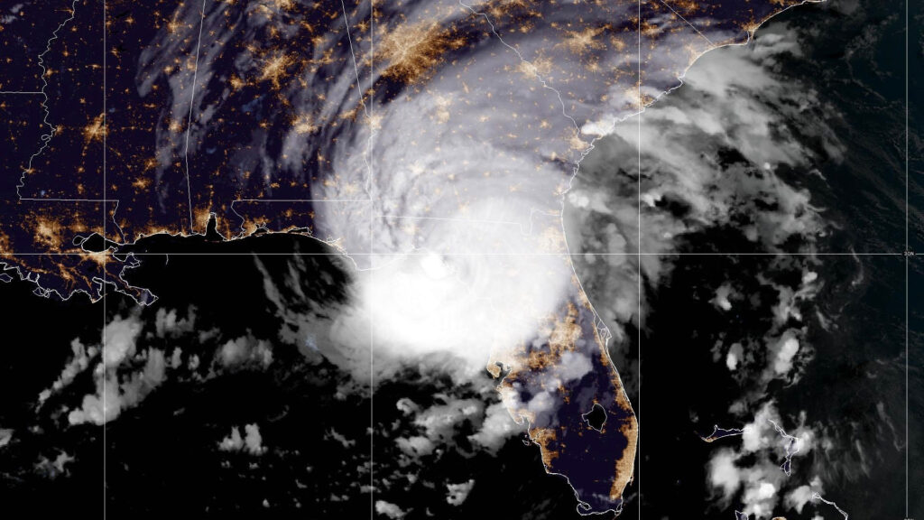 Hurricane Idalia making landfall in Florida on Aug. 30, 2023. (NOAA/NESDIS/STAR GOES-East, Public domain, via Wikimedia Commons)