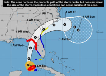 Coastal watches/warnings and forecast cone for Hurricane Idalia (National Hurricane Center)