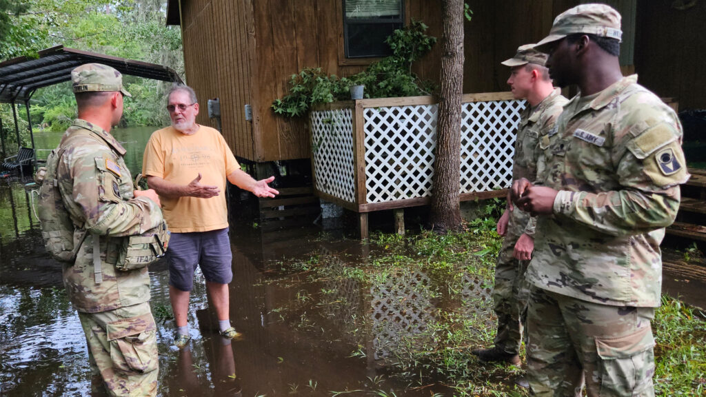 Soldiers from the 153rd Calvary Regiment conduct wellness checks to support the Hurricane Idalia recovery effort in Steinhatchee on Aug. 30. (U.S. Army Photo by Spc. Christian Wilson, CC BY 2.0, via flickr)
