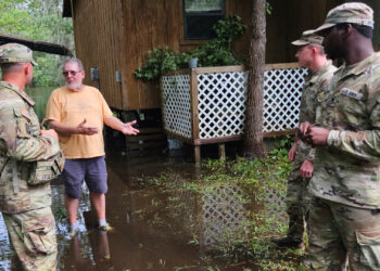 Soldiers from the 153rd Calvary Regiment conduct wellness checks to support the Hurricane Idalia recovery effort in Steinhatchee on Aug. 30. (U.S. Army Photo by Spc. Christian Wilson, CC BY 2.0, via flickr)