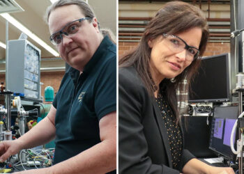 UCF researchers Richard Blair (left) and Laurene Tetard (right) are long-time collaborators and have developed new methods to produce energy and materials from the harmful greenhouse gas, methane. (UCF photo)