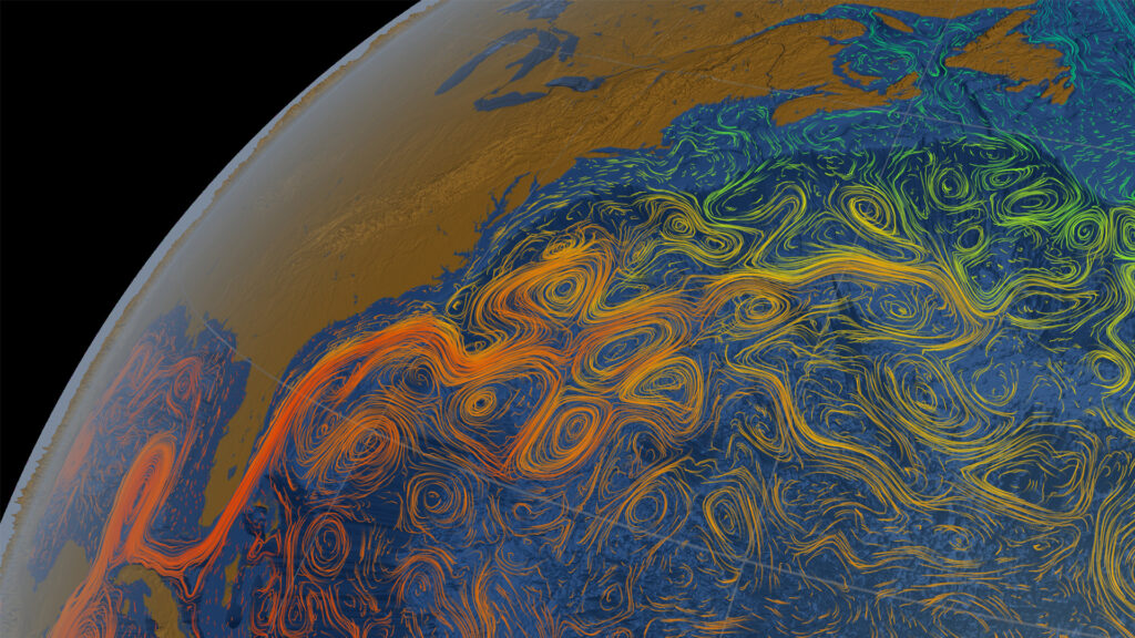Visualization of the Gulf Stream, with flows colored using sea surface temperature data. (Greg Shirah (lead animator), NASA Scientific Visualization Studio, via Wikimedia Commons)