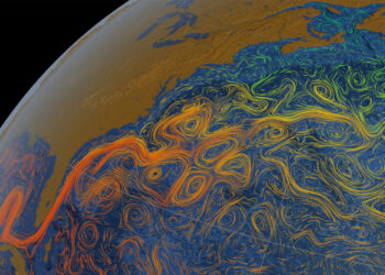 Visualization of the Gulf Stream, with flows colored using sea surface temperature data. (Greg Shirah (lead animator), NASA Scientific Visualization Studio, via Wikimedia Commons)