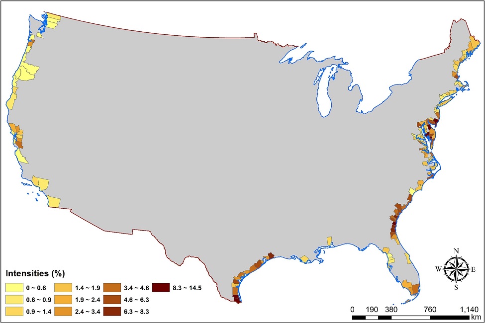 This map shows the intensities of tidal flat erosion in the selected 156 counties between 1985 and 2015. (FAU)