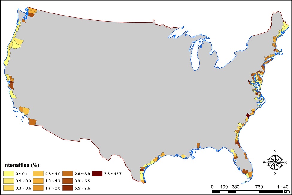 This map shows the intensities of coastal urban expansion in the selected 156 counties between 1985 and 2015. (FAU)