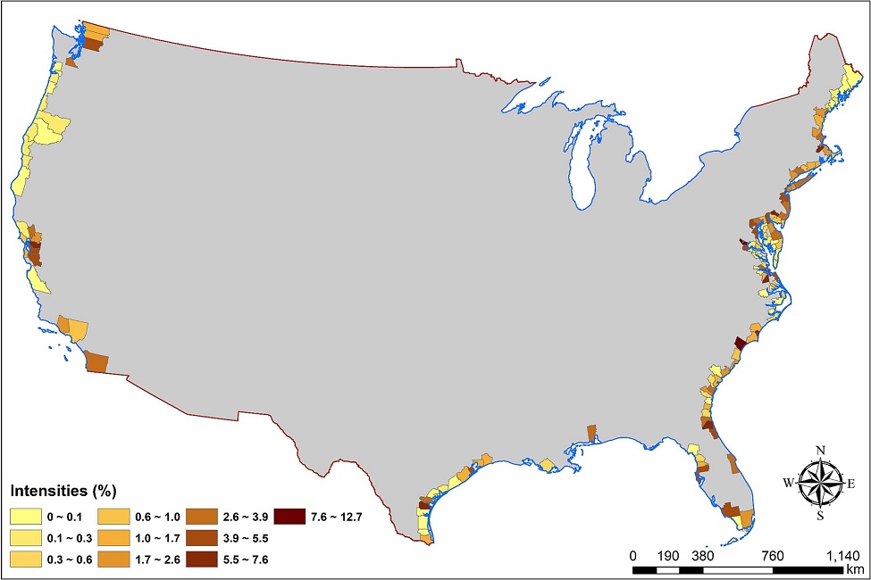 This map shows the intensities of coastal urban expansion in the selected 156 counties between 1985 and 2015. (FAU)