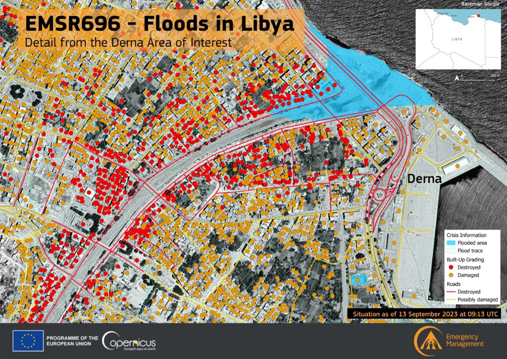 Flood damage in Derna, Libya (Copernicus Sentinel data 2023, via Wikimedia Commons)