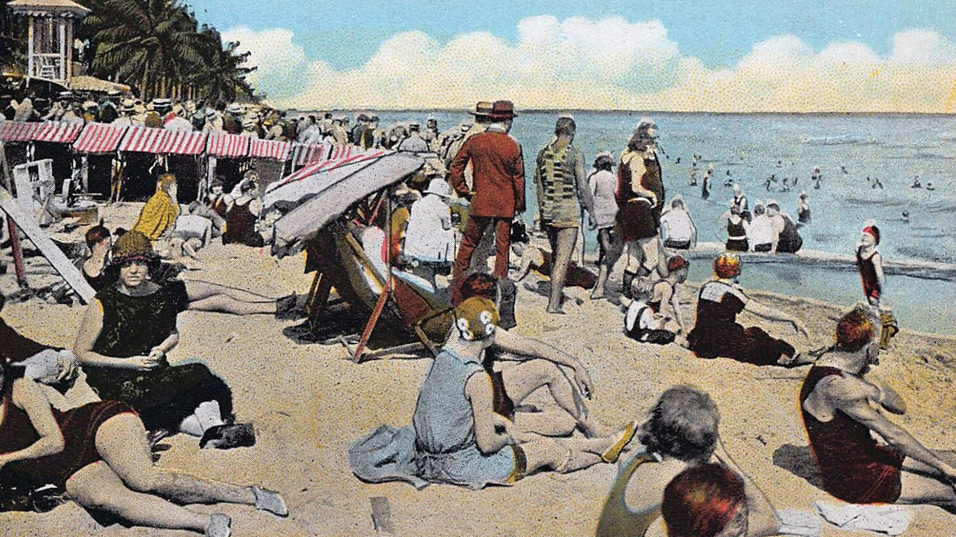 A postcard illustrates the latest style for Miami beach bathing around 1920. (Asheville Post Card Co./Wikimedia)