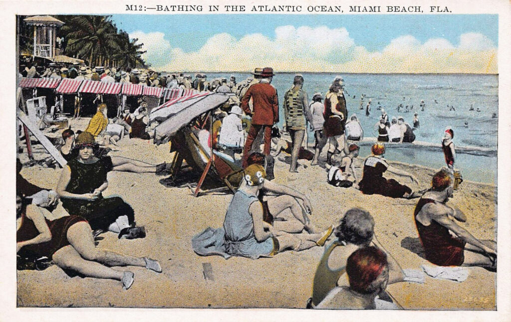 A postcard illustrates the latest style for Miami beach bathing around 1920. (Asheville Post Card Co./Wikimedia)