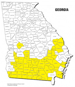 A map from the University of Georgia shows the southern counties where farmers are growing citrus. (University of Georgia)