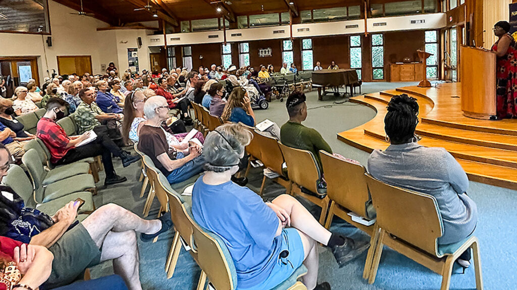 Jacqueline Patterson, founder of the Chisholm Legacy Project, delivers the keynote address at the Gainesville/Alachua County Climate Summit on Sept. 30 at the United Church of Gainesville. (Photo by M.L. McGaughran)