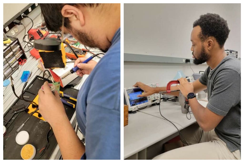 Tests are performed in the lab by researchers Chris Dominguez and Matthew Laurent to help identify potential weaknesses in parts, an important element in constructing modular nuclear power reactors. (FIU News)