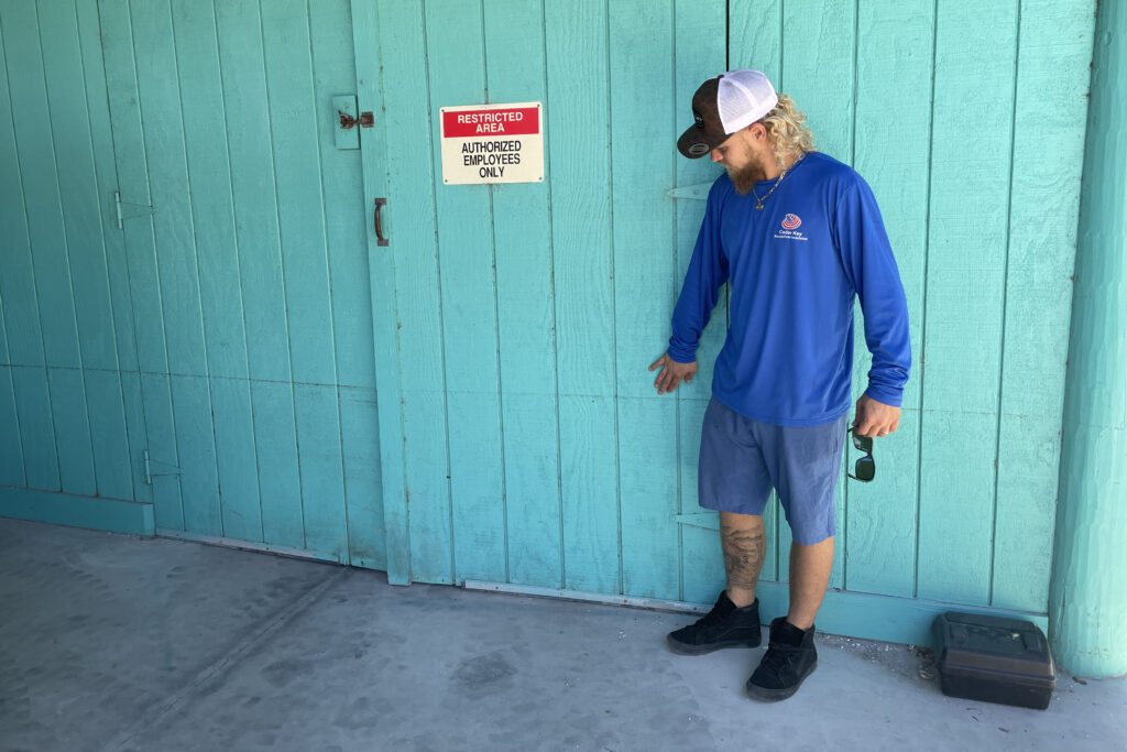 The floodwater at Cedar Key Aquaculture Farms was hip deep, although Idalia’s damage to the clam crop itself was far worse, Timothy Solano said. (Amy Green/Inside Climate News)