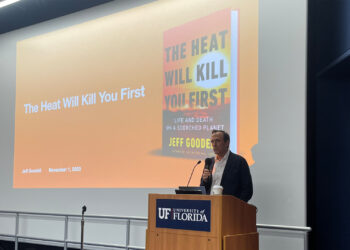 Climate journalist Jeff Goodell speaks Wednesday at the University of Florida in Gainesville. (Nathan Crabbe photo)