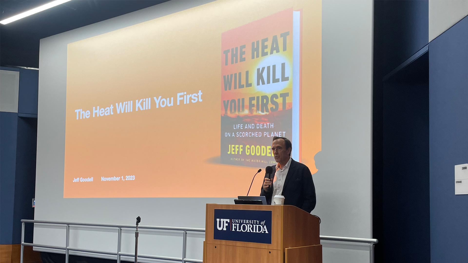 Climate journalist Jeff Goodell speaks Wednesday at the University of Florida in Gainesville. (Nathan Crabbe photo)