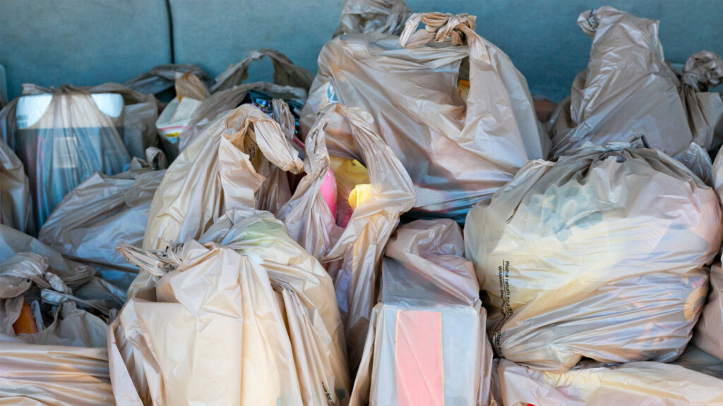 Plastic bags full of groceries in the trunk of a car (iStock image)