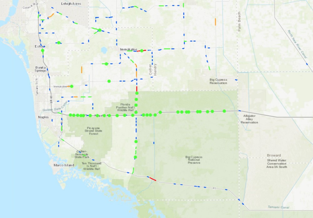 A Florida Department of Transportation map of wildlife crossings (green) and panther death hotspots (blue, orange, red) (FDOT image, public domain)
