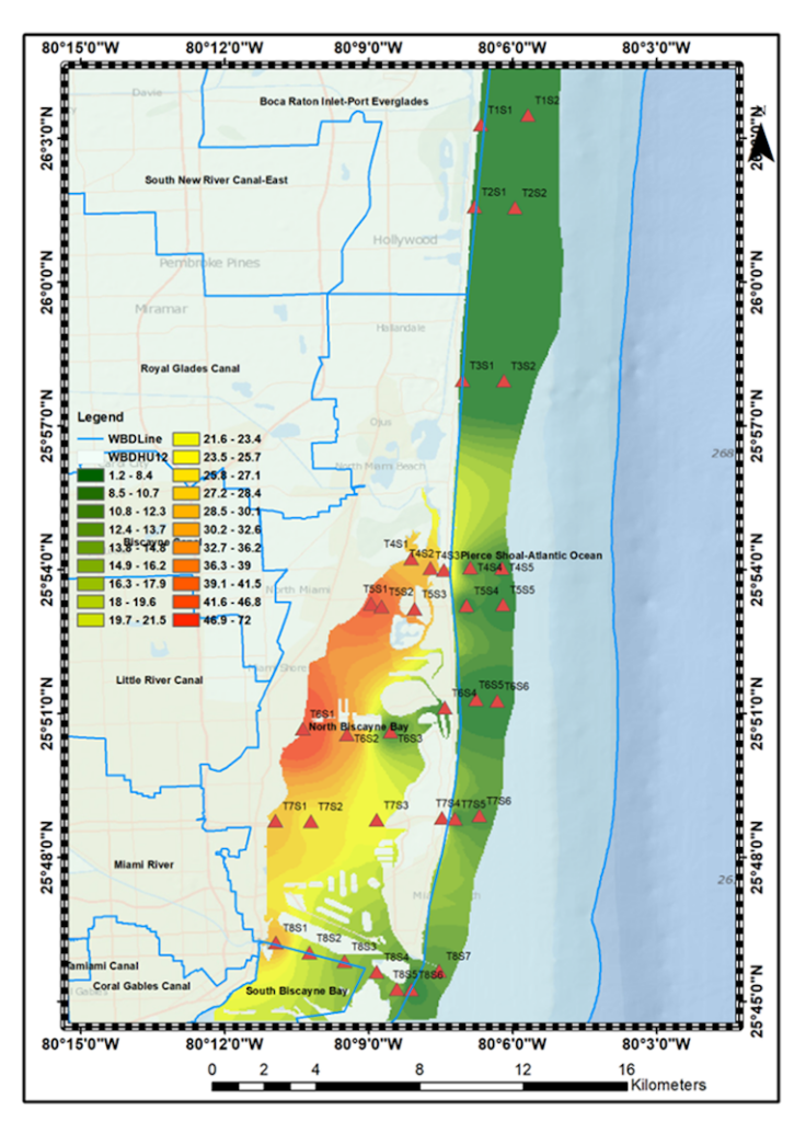 A map from the study shows PFAS hot spots near canals that carry water from the city. Red indicates higher PFAS concentrations, measured in nanograms per liter. Green indicates lower, more diluted PFAS concentrations. (CC BY-ND)