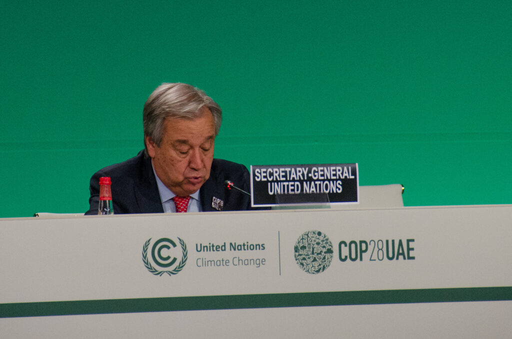 Throughout the conference, officials and advocates attempted to get explicit language included in the final, non-binding agreement calling for the phase-out or at least the phase-down of fossil fuels. This was blocked by Saudi Arabia and other oil-producing OPEC nations, seemingly empowered by the COP28 President, Sultan Al Jaber, who also heads the Abu Dhabi National Oil Company, which ranks just below BP and above ExxonMobil in the scale of their oil and gas production. By the final days of COP28, the strain was beginning to show in the faces, voices and statements of leaders such as U.S. Climate Envoy John Kerry and U.N. General Secretary-General Antonio Guterres. (Photo by Michal Fidler, text by John Capece)