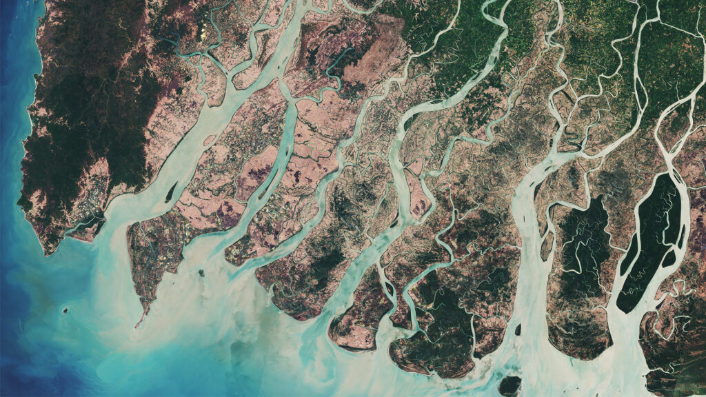 A satellite image of the Irrawaddy Delta in Myanmar (Contains modified Copernicus Sentinel data, CC BY-SA 3.0 IGO, via Wikimedia Commons)